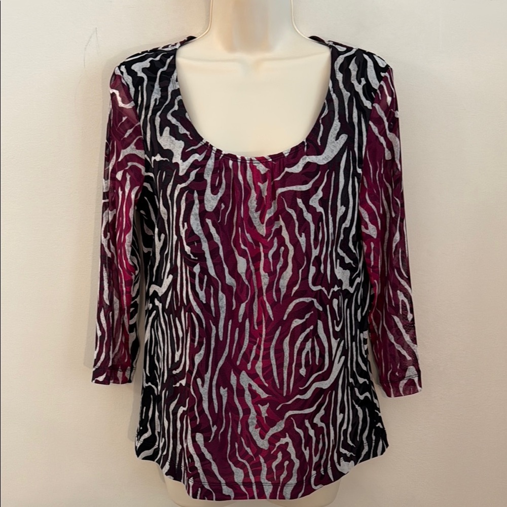 Chico's Scoop Neck Zebra-Print Gathered Top in Burgundy & Black Nylon Medium